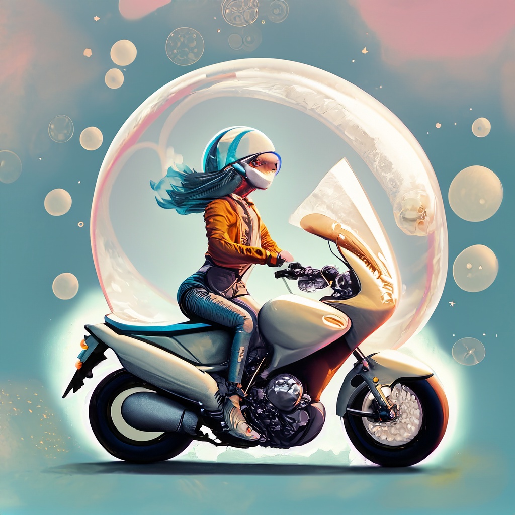 person riding a motorcycle being protected by giant bubble 92155
