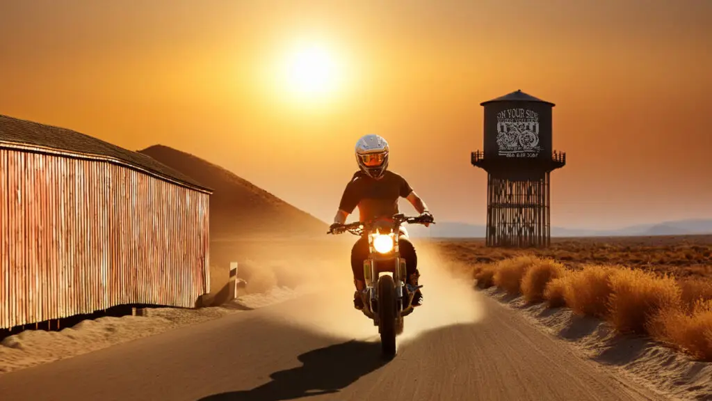 motorcycle rider on a desert road sunny day