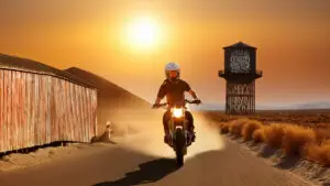 motorcycle rider on a desert road sunny day