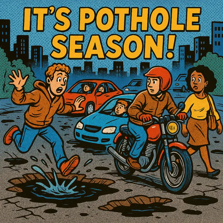 People dodging potholes in the street